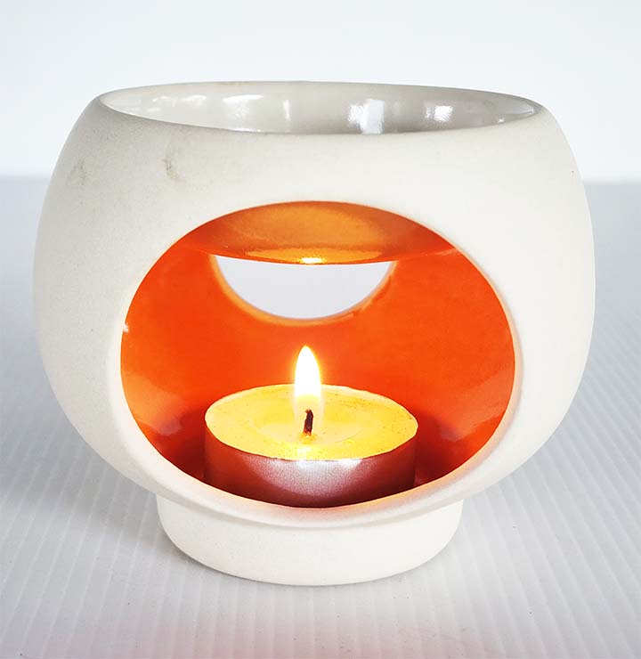 OL-011 Round OrangeWith Tealight_1st (002) Small Oil Burner – Round – Orange - Image 1